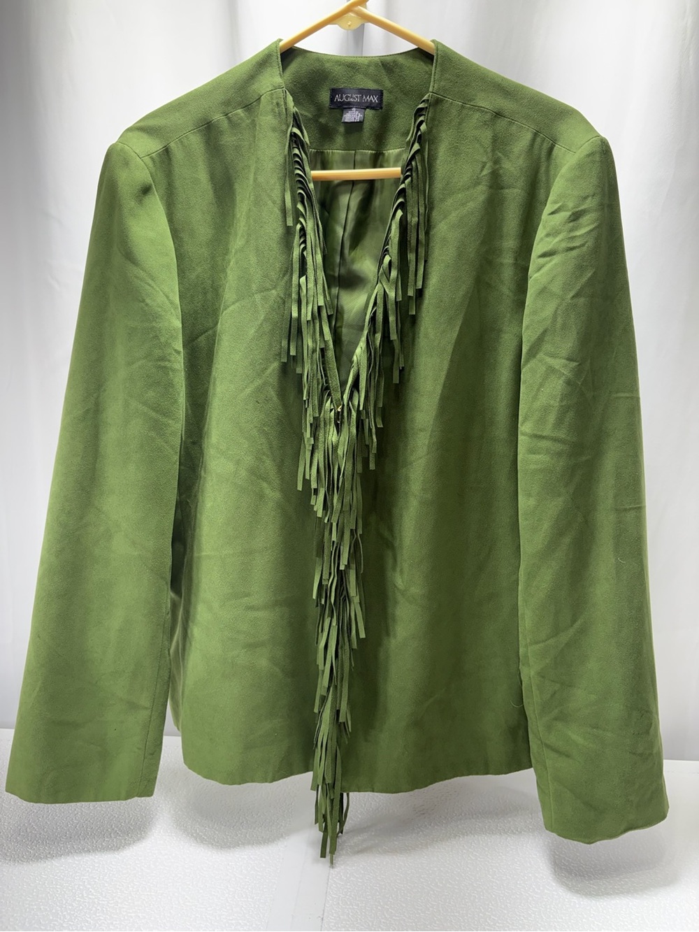 August Max Olive Green Fringe Open-Front Blazer 4362